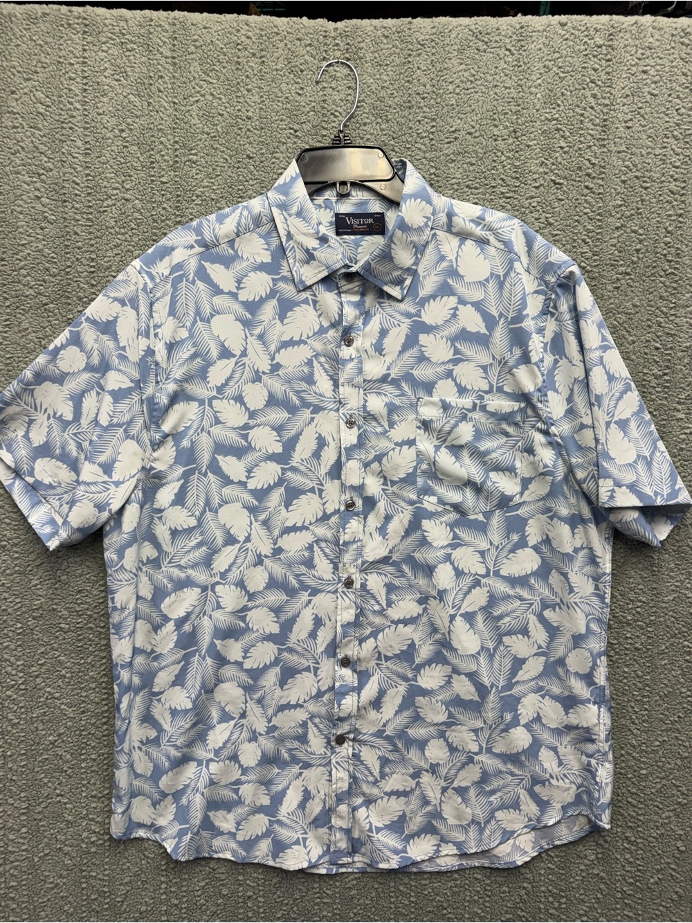 Short-Sleeve Blue Leaf Print Button-Down Shirt